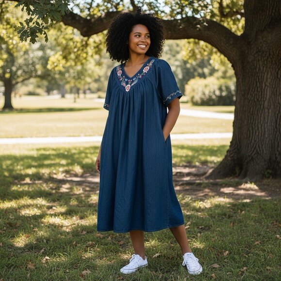 The Vermont Country Store Cotton Embroidered Midi Boho Dress L Large Cottage - Picture 1 of 8